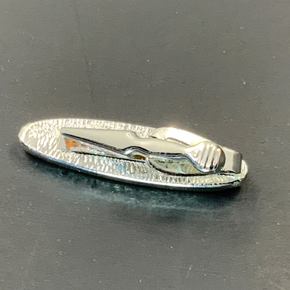 Vintage Silver Tone Black Inlay Oval Tie Clip Mid Century Modern Mens Accessory